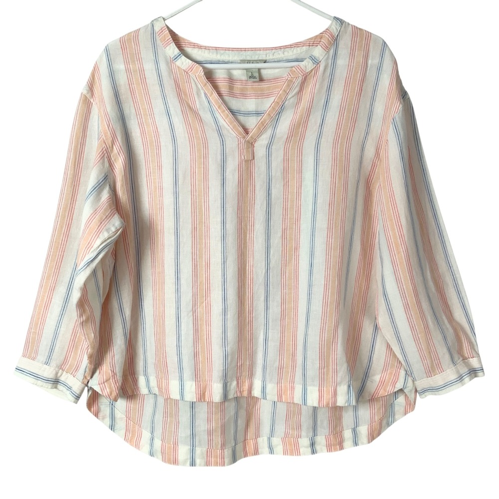 LL Bean Orange Blue Striped Linen Blouse Large Petite Pullover V-Neck 3/4 Sleeve